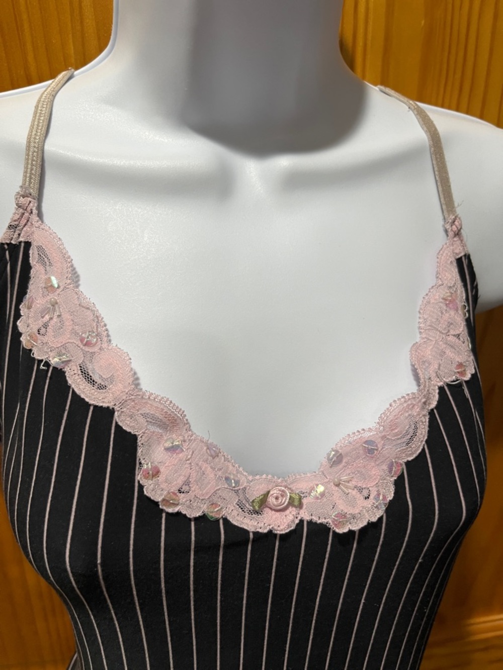 California Dynasty Black Pinstripe Sleepwear with Pink Lace Trim - Picture 6 of 9